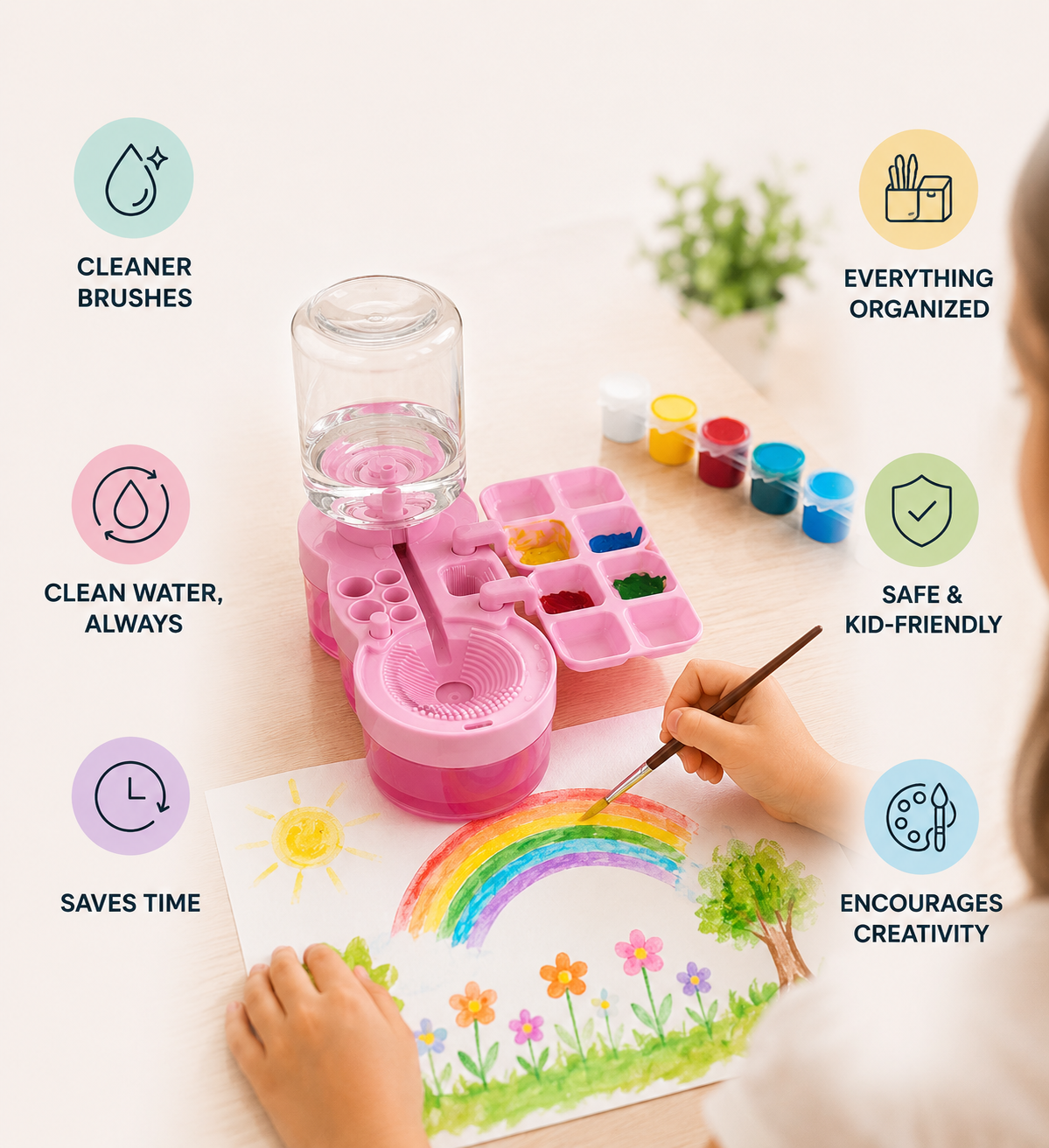 Child-friendly brush washer benefits and painting activity