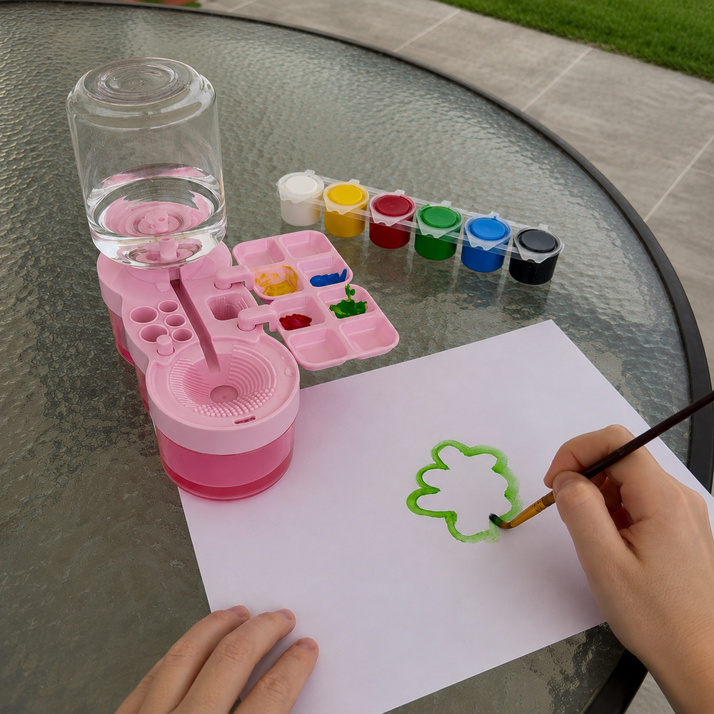 Organized painting table with an all-in-one brush washer