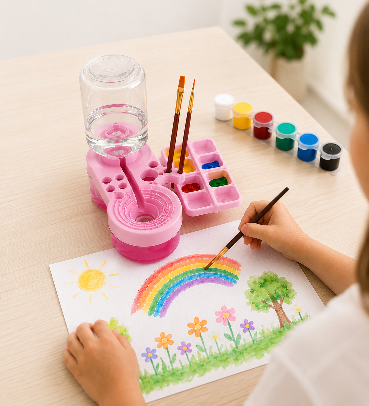 Child painting a rainbow with a pink brush washing station